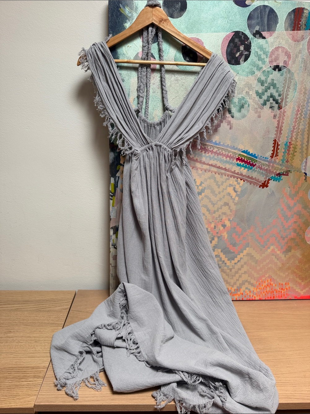 Ilaria Mexico Caftan Wrap Dress Coverup Raw Cotton Voile Gray Blue One Size - Picture 6 of 13